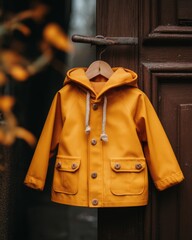 Bright Yellow Rain Jacket Hanging by Door in Wet Weather Setting