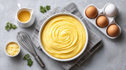Top view of aligot in white ceramic bowl with cheese and eggs on gray background
