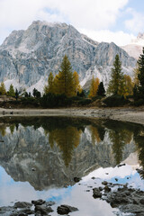 Mountain Lake - Lago di Limides Dolomites National Park Italy - Alpine landscape with mountains and lakes in autumn fall summer