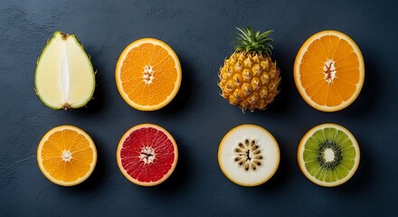 Assortment of freshly sliced tropical and citrus fruits on a dark surface