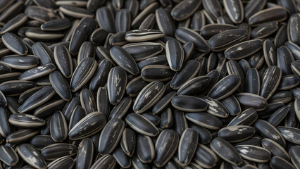A close up view of a pile of black sunflower seeds