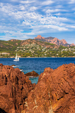 Panoramic view of Cap Roux and Anth&eacute;or from Camp-Long Beach in Saint-Rapha&euml;l