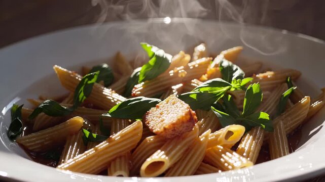 hot penne pasta dish with basil sauce and golden crouton served on white plate steam rising from flavorful italian lunch food pasta penne tomato basil crouton plate meal steam herbs