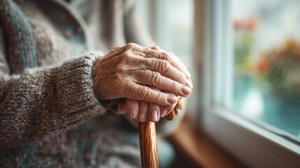 Elderly Hands Resting on Wooden Cane by the Window in a Cozy Indoor Setting