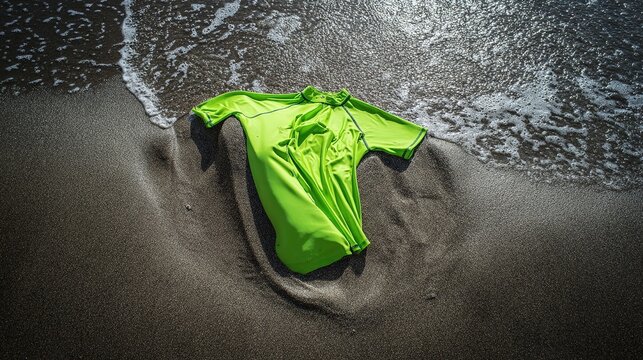 rashguard. Neon surf rashguard laid flat on wet sand, material stretched. lifestyle magazines, social media lookbooks, designed for lifestyle magazines and social media content.