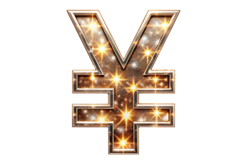 Glowing gold yen symbol with starburst effect on white isolated on a transparent background