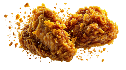 Crispy Chicken Wings Delight: Two golden-brown, irresistibly crispy chicken wings float, showcasing their mouthwatering texture and tempting appeal, a true culinary delight.