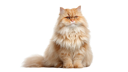 A beautiful orange fluffy cat sitting isolated on transparent background looking cute and sweet