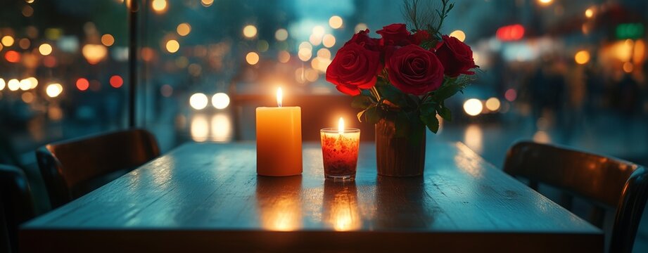 Valentine date night at cozy cafe table with candlelight, cinematic warm lighting with bokeh city background