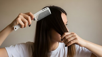 Woman's hand holding white comb and brushing dark brown hair