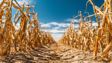 Dry and Parched Corn Field Under Clear Sky Amidst Extreme Summer Heat Stress