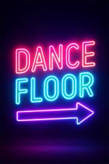 Fototapeta premium Vibrant pink and blue neon sign illuminates the darkness indicating the direction to the exciting and energetic dance floor with a glowing arrow.