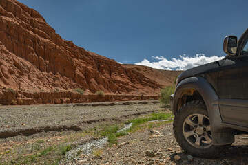 An off-road vehicle parked on a rise against the red Martian-like mountains of Mongolia. A medium shot of its left wheel's aggressive tread stands near green shrubs and a stream.