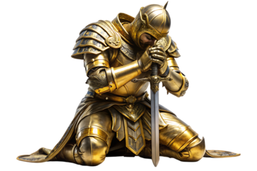 Golden Knight Kneeling with Sword on White Background isolated on a transparent background armor