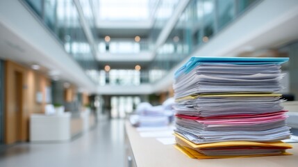 Organized Stacked Documents in Modern Office Setting with Natural Light