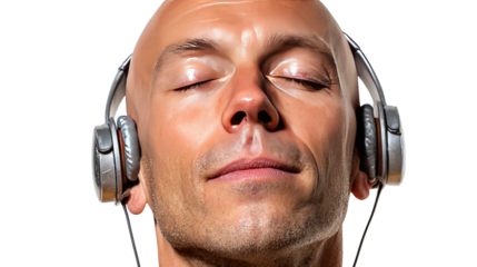 Serene Harmony: A moment of tranquility captured as a bald man closes his eyes while listening music. Expressing peace, calm, and inward reflection, surrounded by headphones and simple background.
