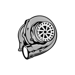 Isolated monochrome illustration of a car turbocharger, on a transparent background
