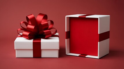An elegantly wrapped gift box with a red ribbon on a red background with an open empty box beside it