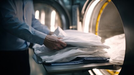 Medium shot of a professional folding crisp freshly laundered shirts in a glowingly clean luxury laundry facility offering premium services