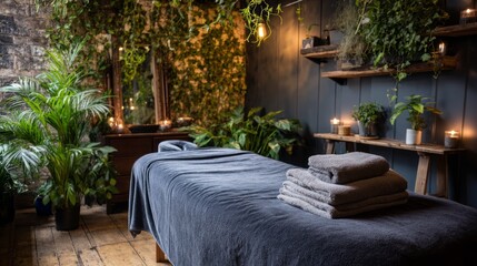 Tranquil Massage Therapy Room Setup with Bed, Towels, and Greenery for Relaxation
