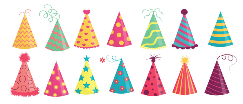 Party hat set. Cute birthday cone caps in bright colors with pompon above. Festive paper caps collection.