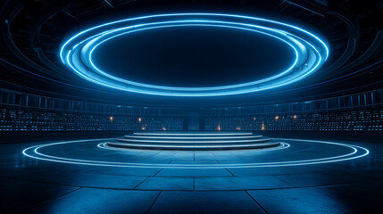 Futuristic Arena with Circular Neon Blue Lighting and Modern Architectural Design