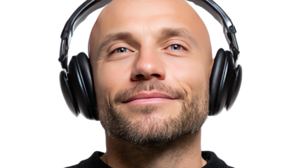Portrait of a Listener: A close-up shot captures a bald person wearing over-ear headphones, a relaxed expression, and demonstrating a pure appreciation for music.
