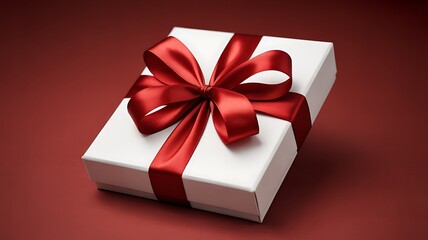 A beautifully wrapped white gift box adorned with a red ribbon on a red background
