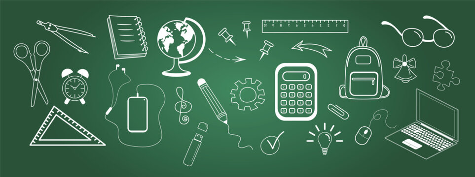 Welcome back to school, chalk-writing text and education icons on chalkboard.