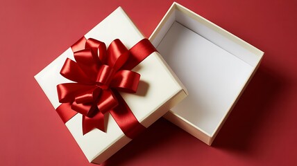 An overhead view of an elegantly wrapped white gift box with a red ribbon on a red background