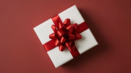 A top-down view of a beautifully wrapped gift box with a red ribbon on a red background