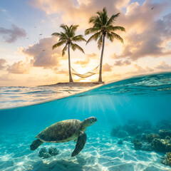 Tropical paradise with swaying palms a sea turtle and a vibrant sunset