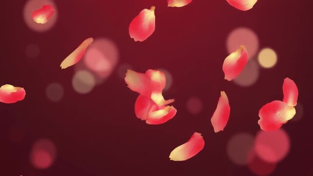 Vibrant red and pink rose petals gently falling against a deep crimson background with soft, out-of-focus bokeh lights, creating a romantic atmosphere.