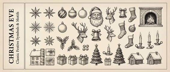 Festive collection of classic Christmas Eve symbols and motifs with engraved details