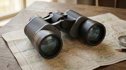 Binoculars resting on map in natural light with wooden background  