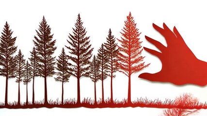 Red and brown forest scene with a hand