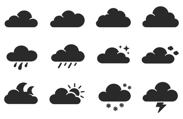 Collection of twelve dark gray cloud icons representing weather conditions rain snow