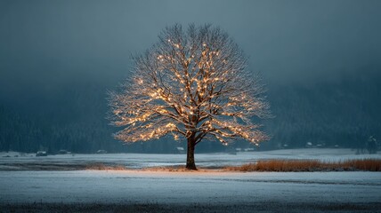 A lone tree in a snowy field, but decorated with glowing lights like a Christmas tree in a corporate lobby.