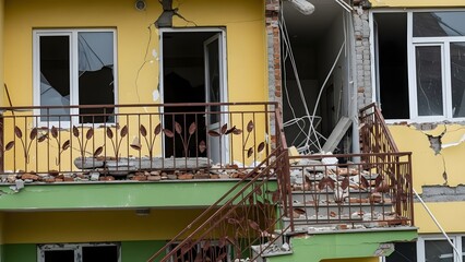 Yellow building exterior with broken windows and damaged balcony stairs green