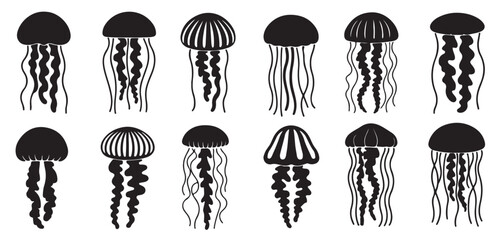  twelve black silhouette jellyfish illustrations various © Shajd