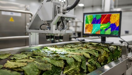 Medium shot of hyperspectral camera system analyzing tobacco leaves on conveyor detecting chemical composition for enhanced quality control in industrial processing.