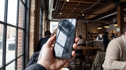 Hand holding smartphone with dirty screen full of fingerprints in a cafe. Smudged display highlights hygiene or overuse concepts against a blurred coffee shop background.