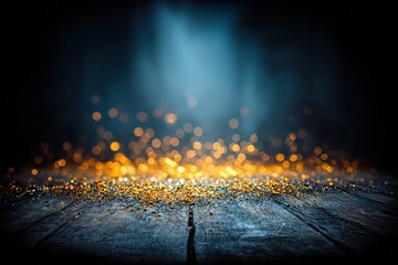 Dramatic Golden Glitter Dusting on Dark Wooden Surface with Soft Blue Glow in Background, Moody Lighting, Abstract Festive Composition
