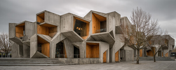 Brutalist concrete geometry softened with sculpted wood forms 32k ultra HD