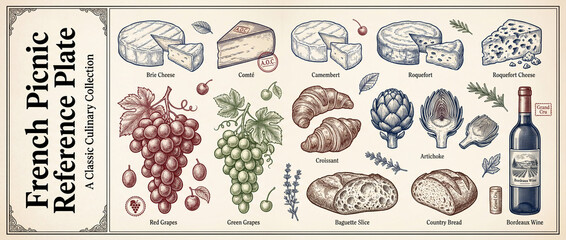 Explore a vintage culinary collection featuring engraved elements for a delightful French picnic experience