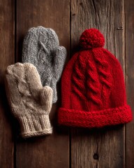 Cozy Winter Child Hat and Gloves Set Neatly Arranged on Rustic Wooden Background