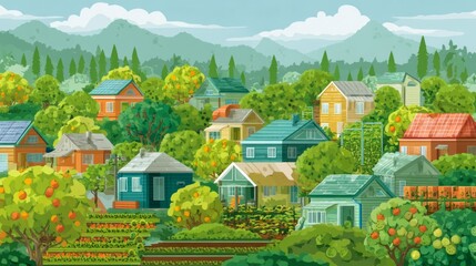 Vibrant Agricultural Regions with Houses and Gardens Adapted to Climate Zones