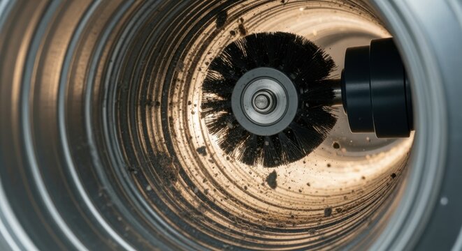 Detail shot of rotating bristles scrubbing inner walls of a dryer vent duct emphasizing thorough cleaning to prevent fire hazards and increase airflow.