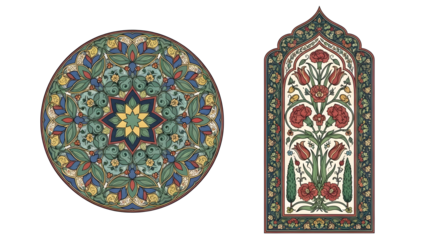 Islamic floral ornament vector of two objects, each mandala motif is different but harmonious, classic elegant Middle Eastern style
