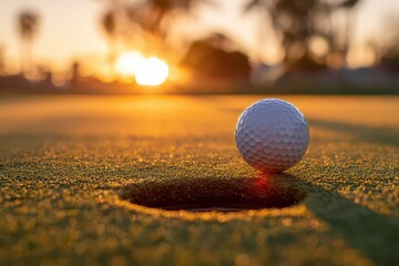 Golf Ball Near Hole on Green Course During Golden Hour
